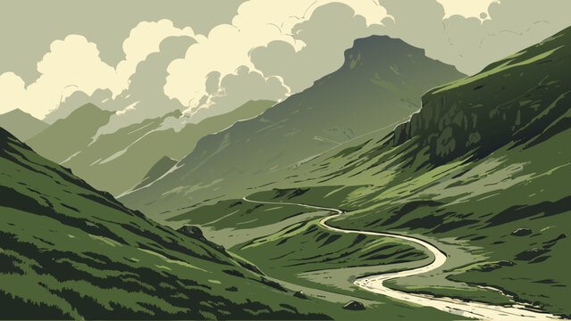 Winding Road Through Green Mountain Valley in Painterly Illustration Style