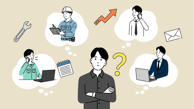 デスクワークと現場仕事の進路に悩む学生のイラスト、職業選択と将来の仕事を考える人物素材