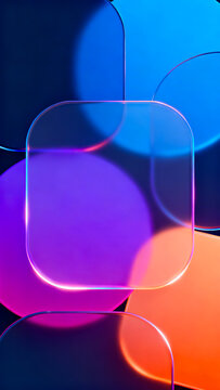 Abstract Glassmorphism Background with Frosted Glass Squares and Vibrant Neon Circles