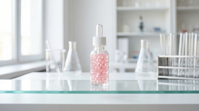 맑은 연구실 유리 선반 위에 놓인 핑크색 수분 캡슐 앰플과 투명한 유리관 연출