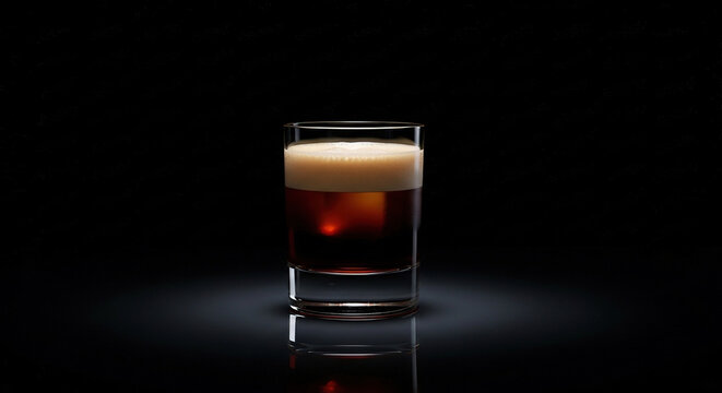 A layered cocktail in a glass black russian or similar drink