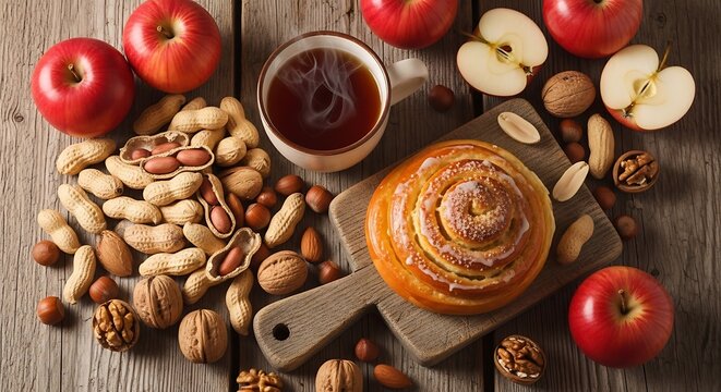 Delicious food arrangement with apples, nuts, and a pastry.