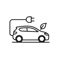 Obraz premium Minimal line icon of electric car with plug and leaf. Clean black outline on white, modern mood for EV, sustainability, and automotive UI design.