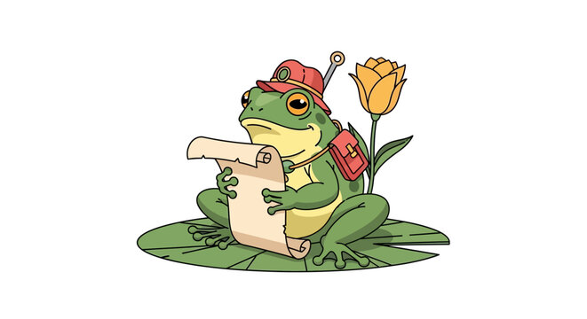 Frog Wearing Backpack and Hat.