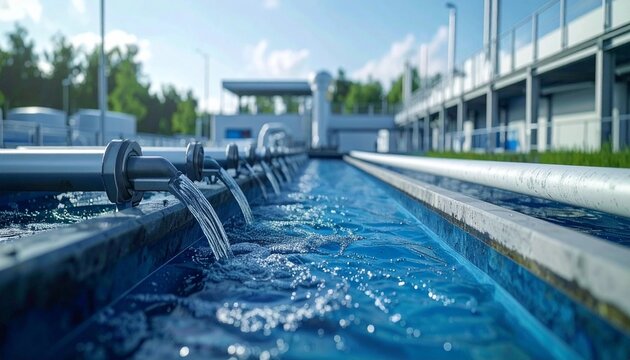 Clean water flowing through industrial pipes at a modern water treatment plant facility