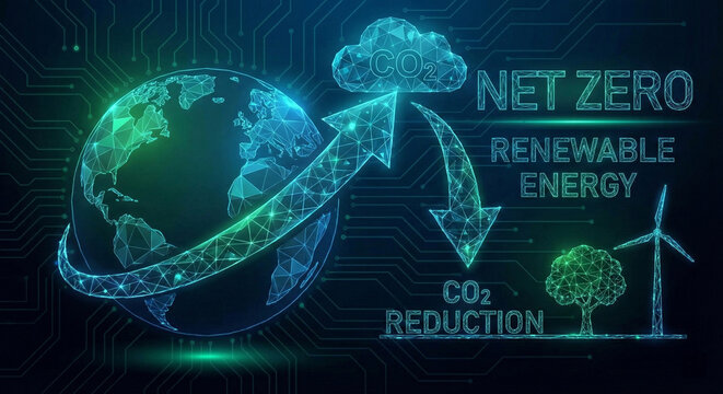 Net zero renewable energy carbon dioxide reduction global warming sustainability Net zero renewable energy concept with carbon dioxide reduction arrow around digital globe, green technology