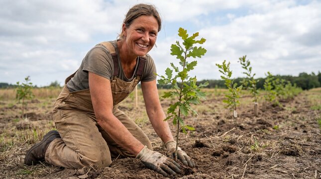 Smiling woman in overalls kneeling and planting oak sapling in field for reforestation