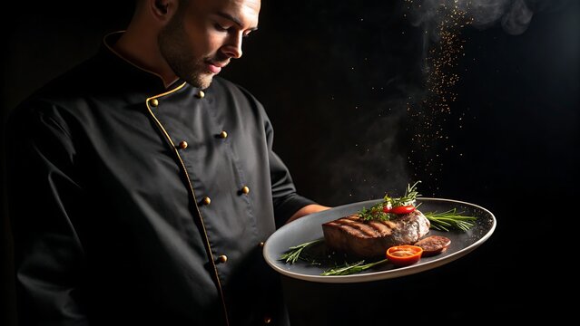 young chef man in a restaurant holding a stick deash in hand with black color background foor poster 
