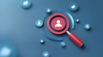 Fototapeta premium Magnifying Glass Featuring User Icons on Soft Blue Background for Digital Analysis and Social Media Insights