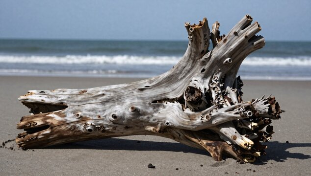 Weathered driftwood stands out on the sandy beach by the ocean