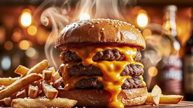 A steaming hot cheeseburger on a wooden board with fries