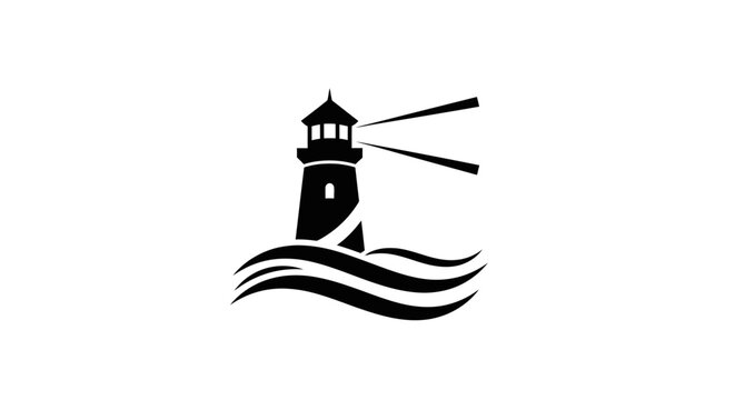 Black silhouette of a lighthouse standing on wavy water with light beams