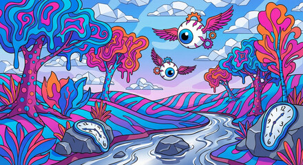 Obraz premium Surreal landscape psychedelic art fantasy river flying eye melting clock dreamy sky colorful tree abstract nature pop art vibrant color Surreal landscape with psychedelic art fantasy river flowing