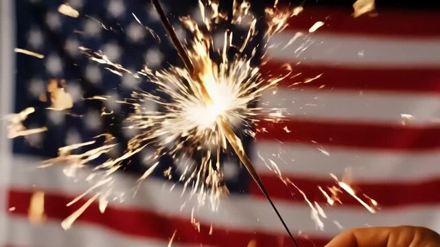 Hand holding a burning sparkler against an american flag background