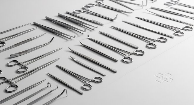 Collection of Surgical Instruments Arranged on a White Surface.