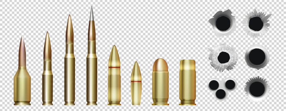 Bullet 3D. Military ammunition. Weapon of steel. Copper caliber of various handguns. Black hole. Realistic danger. Pistol shot. Fire rifle. Sniper firearm. Vector war metallic isolated cartridges set