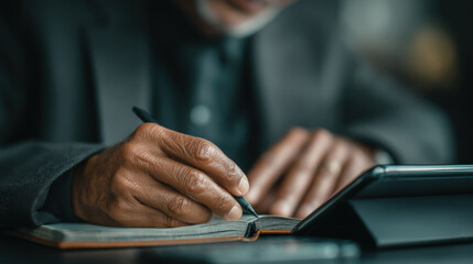 Fototapeta premium Elderly person writing in notebook at desk, representing experience, reflection, and lifelong learning. Warm lighting conveys wisdom, calm lifestyle, and thoughtful activity suitable for storytelling 