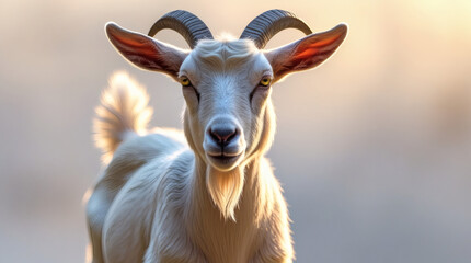 Fototapeta premium A close-up portrait of a majestic white goat with striking yellow eyes and prominent horns, captured in soft, natural light