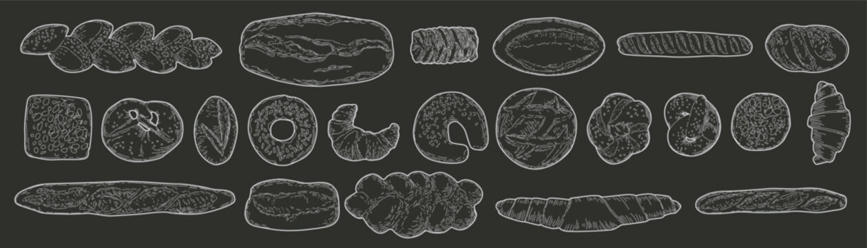 Bakery sketch. Bread hand drawn. Silhouette pastry. Vintage baking. Retro croissant, baguette and croissants. Food drawing doodle. Engraving menu. Vector breakfast isolated assortment elements set