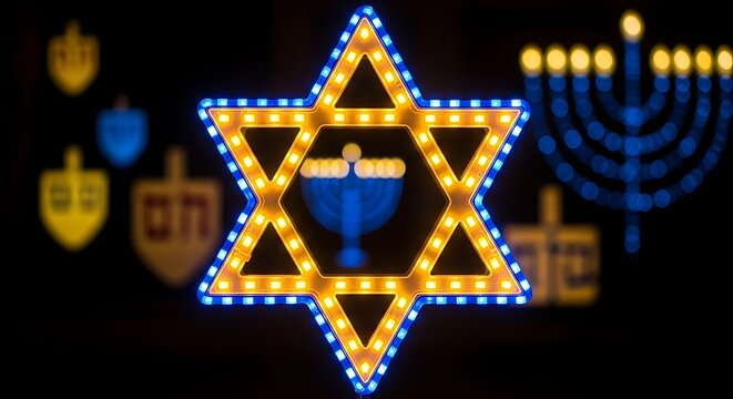 Illuminated Star of David and Menorah Symbols.