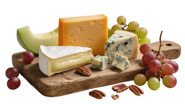 Assortment of cheeses grapes and melon on a wooden board, isolated on transparent background