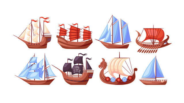 Wooden sailboat. Frigate on water. Travel old sail ship, vintage ancient sea transport. Pirate sailing schooner vessel. Retro ocean cruise. Nautical history sea. Vector cartoon flat style isolated set