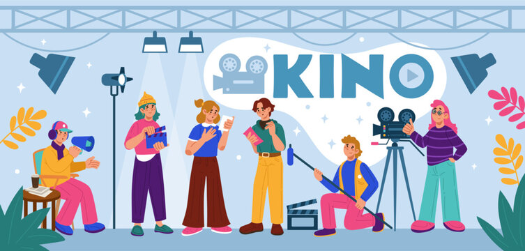 Cinema production studio. Crew TV, movie director, camera team. Professional video recording with actors. Film backstage. Character videographer. Vector tidy cartoon flat style isolated illustration