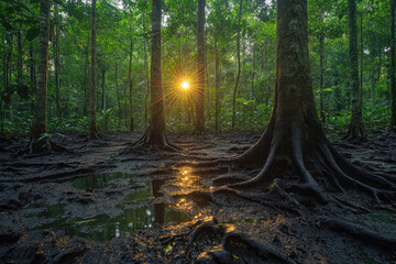 Obraz premium Tree Trunks and Vines in a Dense Tropical Rainforest