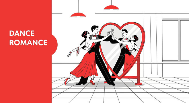 Couple Dancing in Front of Heart Mirror, Romance and Love Concept