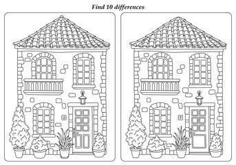 Obraz premium House. Find 10 differences. Coloring page.