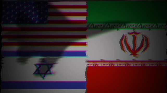 US israel Iran flags with fighter jets and missile flying over them showing power of each country in war. Middle East geopolitical conflict and tension. World fears of global war. Stop war. 4k video.