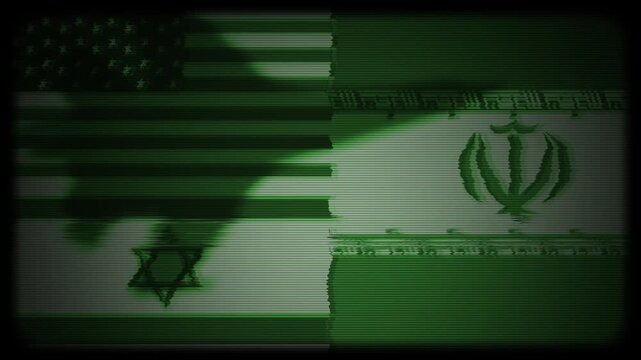US israel Iran flags with fighter jets and missile flying over them showing power of each country in war. Middle East geopolitical conflict and tension. World fears of global war. Stop war. 4k video.