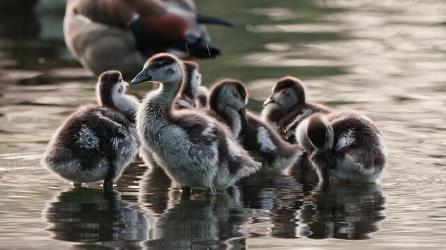 Goslings in pond preening