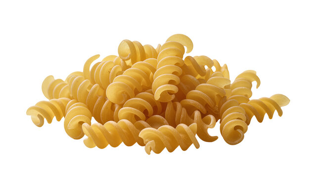 Pile of golden fusilli pasta spirals, isolated on transparent background