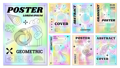 Fototapeta premium Retro hologram posters. Abstract geometric cover. Gradient cover. Minimal line shapes and figures. Flyer graphic minimal aesthetic 90s y2k design. Brochure template. Vector holographic illustration