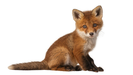 Obraz premium Cute young red fox cub with blue eyes sitting, isolated on transparent background