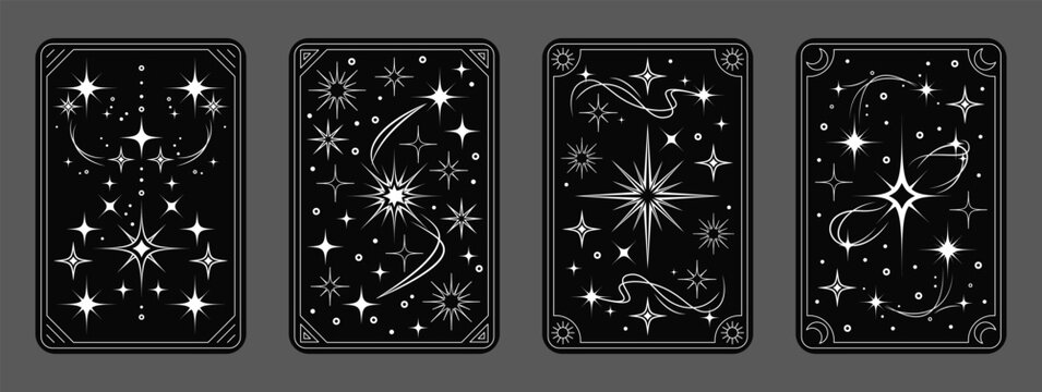 Magic frame with stars set. Occult celestial. Black backgrounds. Mystic spiritual space, bohemian cover design. Esoteric tarot card. Astrology and witchcraft posters. Vector isolated illustration