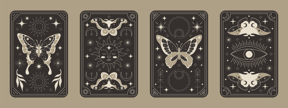 Mystic tarot cards set. Decorative occult posters with moths, butterflies. Celestial sun, moon face, and stars. Tarot cover design. Astrology emblem. Vector sketch style monochrome illustration set