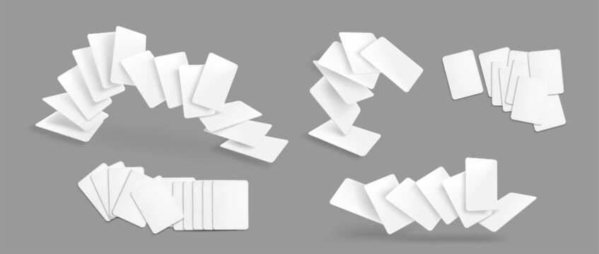 Blank flying poker card mockup with white deck elements, realistic vector set isolated on grey background. 3D template with falling cards for game presentation, business voucher design, or casino