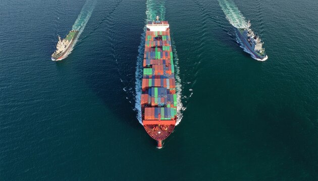 Naval Destroyers Escorting Container Ship in Ocean