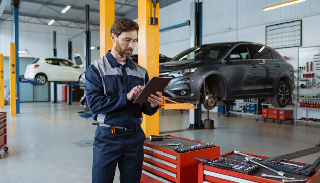 Mechanic uses tablet to manage vehicle repairs in modern auto shop filled with tools and vehicles. atmosphere is efficient and organized