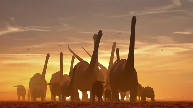 4K, 10-second 3d animation featuring a herd of diverse dinosaurs migrating through a prehistoric landscape at dusk, including Brachiosaurus and Triceratops