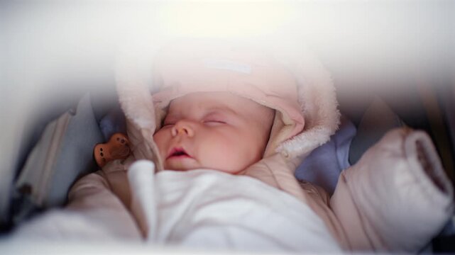 Close up of a sleeping baby with pacifier in a stroller