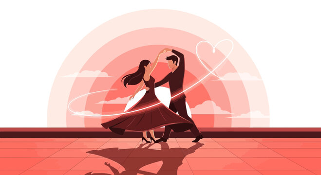 Couple Dancing Romance Heart Sunset Illustration