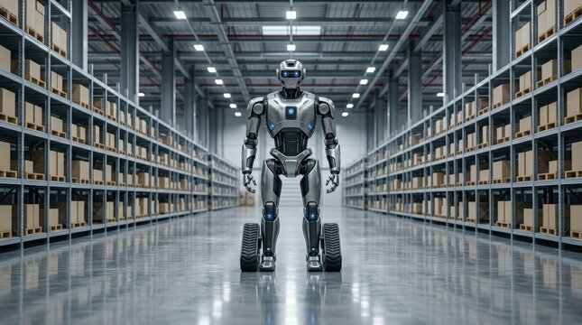 Futuristic Robot in Modern Warehouse with Shelves of Boxes