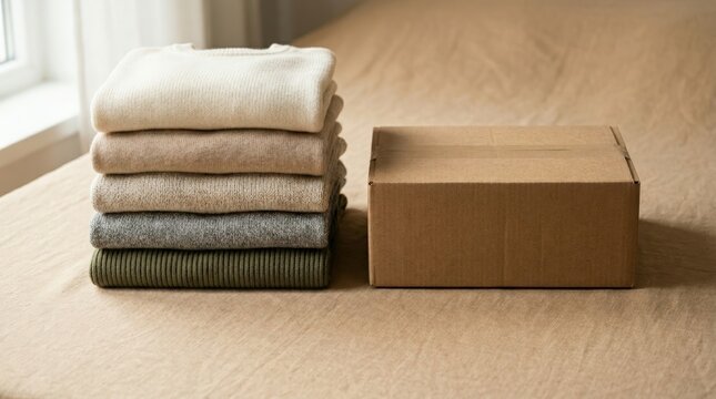 Stack of Folded Sweaters and Cardboard Box on Bed