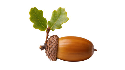 Brown acorn with textured cap and green oak leaves, isolated on transparent background © Emilija