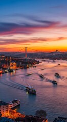 Naklejka premium Sunset over the Bosphorus Strait in Istanbul, Turkey.