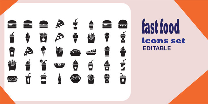 Diverse collection of fast food item icons presented in a comprehensive set for design purposes