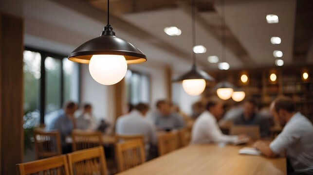 A collaborative business meeting is taking place in a modern warmly lit co working space emphasizing focused teamwork and professional discussion
